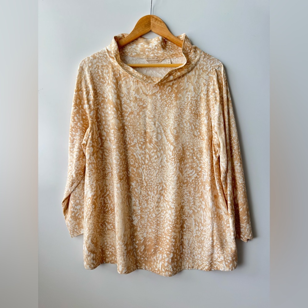 Soft Surroundings Funnel‎ Neck Top Animal Print Long Sleeve Beige Size L